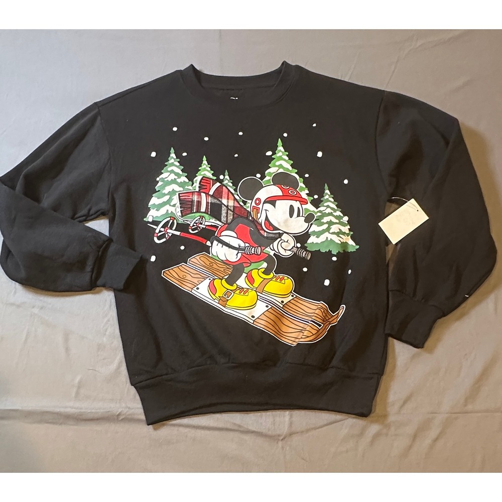 NWT Disney Mickey Mouse Skiing Holiday Sweatshirt Black XXS Crewneck Fleece